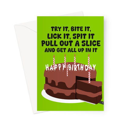 Try It, Bite It, Lick It Happy Birthday Cake Funny Charlie Billie Music Fan Greeting Card