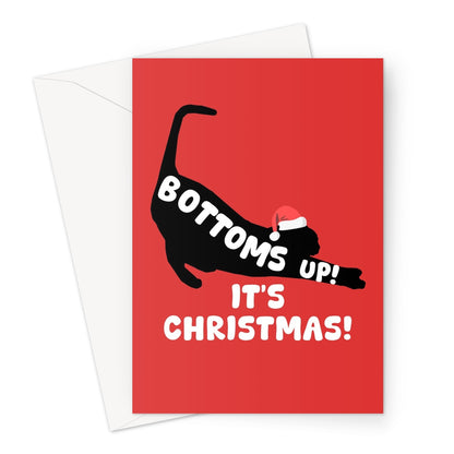 Bottoms Up It's Christmas! Cute Cat Stretch Fan Pet Drink Alcohol Wine Beer Pun Greeting Card