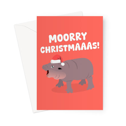 Moorry Christmas! Moo Deng Cute Thai Hippo Merry Funny Pun Xmas Hat Greeting Card