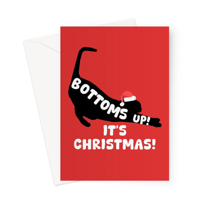 Bottoms Up It's Christmas! Cute Cat Stretch Fan Pet Drink Alcohol Wine Beer Pun Greeting Card