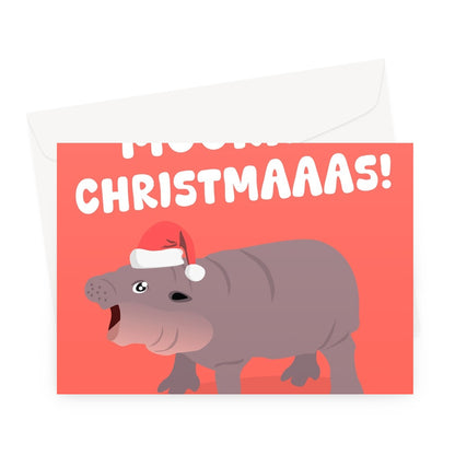 Moorry Christmas! Moo Deng Cute Thai Hippo Merry Funny Pun Xmas Hat Greeting Card