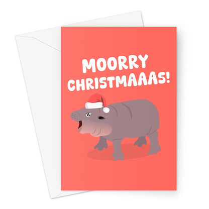 Moorry Christmas! Moo Deng Cute Thai Hippo Merry Funny Pun Xmas Hat Greeting Card