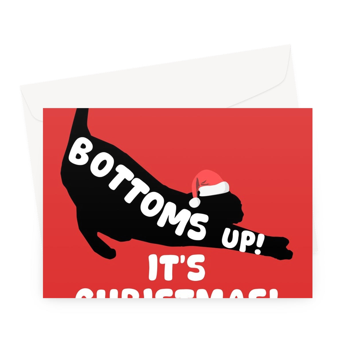 Bottoms Up It's Christmas! Cute Cat Stretch Fan Pet Drink Alcohol Wine Beer Pun Greeting Card