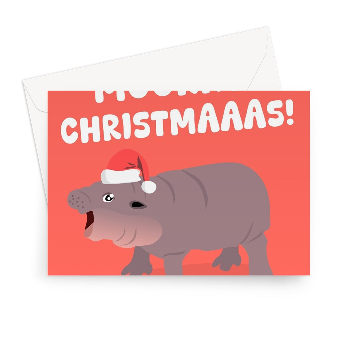 Moorry Christmas! Moo Deng Cute Thai Hippo Merry Funny Pun Xmas Hat Greeting Card