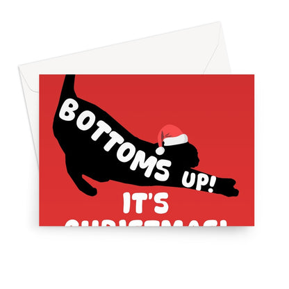 Bottoms Up It's Christmas! Cute Cat Stretch Fan Pet Drink Alcohol Wine Beer Pun Greeting Card