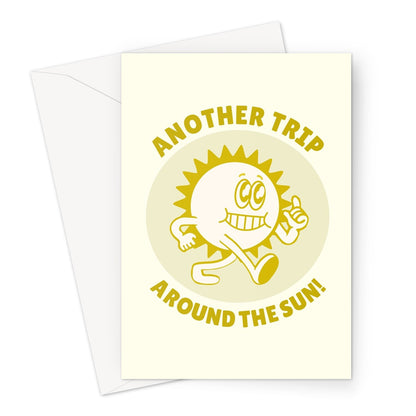 Another Trip Around The Sun Cute Funny Pun Birthday Sunny Space Retro Cartoon Greeting Card