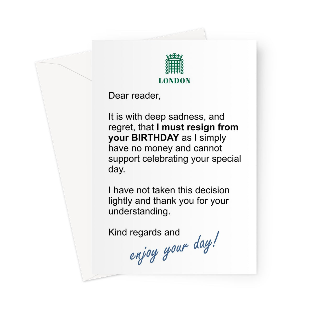 I Must Resign From Your Birthday Letter Funny MPs Resignation Rishi Sunak Boris Johnson Politics Meme Greeting Card