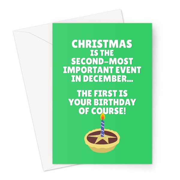 Christmas Is The Second Most Important Event In December... The First Is Your Birthday Of Course! Funny Cute Mince Pie Greeting Card