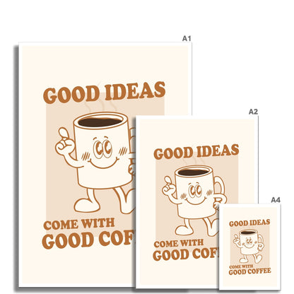 Good Ideas Come With Good Coffee - Vintage Cartoon Collection - Wall Art Print Office Home Guest House Minimalist Pastel Espresso Latte Wall Art Poster