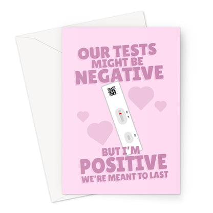 Our Tests Might Be NEGATIVE But I'm POSITIVE We're Meant To Last Valentine's Day Birthday Anniversary Funny Lateral Flow Covid Test Pun Greeting Card