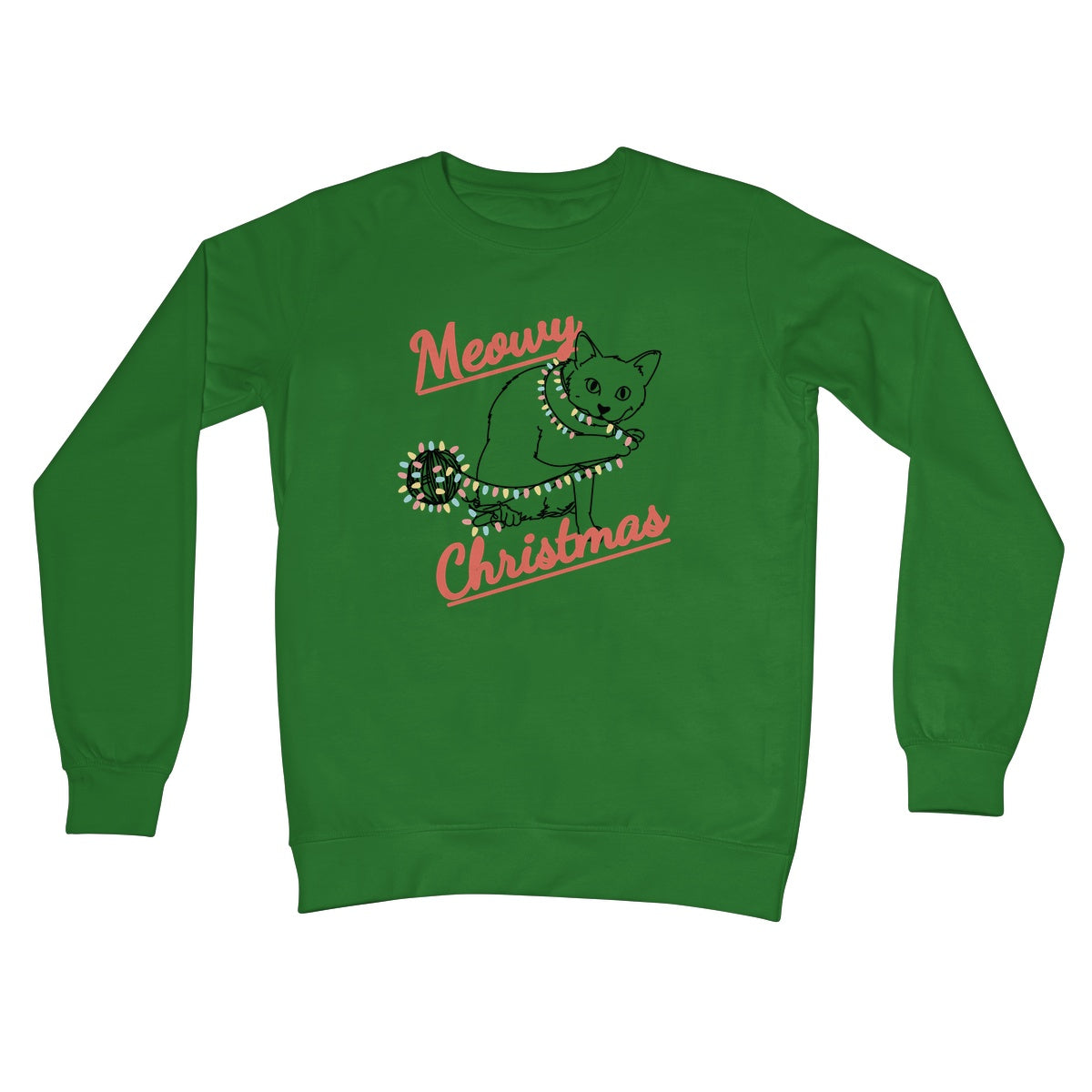 Meowy Christmas Jumper Sweater Cute Cat Kitten Ball of Xmas Lights Playing Pet Owner From the Cat Crew Neck Sweatshirt