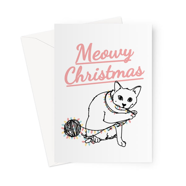 Meowy Christmas Cute Cat Kitten Ball of Xmas Lights Playing Pet Owner From the Cat Greeting Card