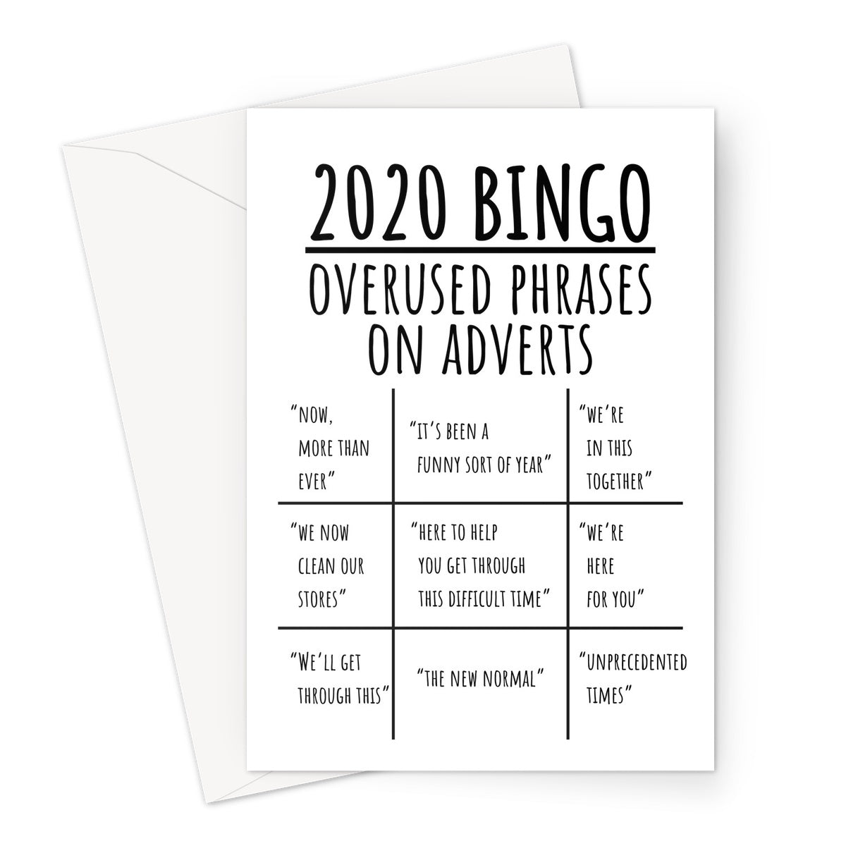 2020 BINGO Overused Phrases On Adverts Funny Annoying Birthday Anniversary Christmas Pandemic Lockdown Now More Than Ever British UK New Normal Meme Greeting Card