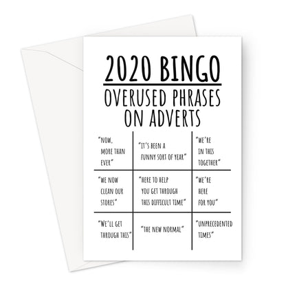 2020 BINGO Overused Phrases On Adverts Funny Annoying Birthday Anniversary Christmas Pandemic Lockdown Now More Than Ever British UK New Normal Meme Greeting Card