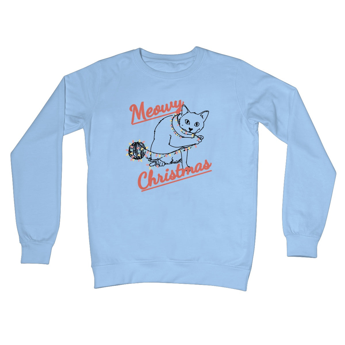 Meowy Christmas Jumper Sweater Cute Cat Kitten Ball of Xmas Lights Playing Pet Owner From the Cat Crew Neck Sweatshirt